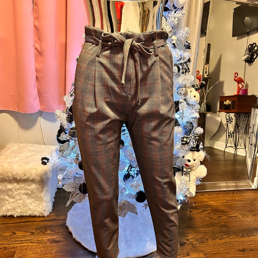 Stylish Plaid Paperbag Waist Pants